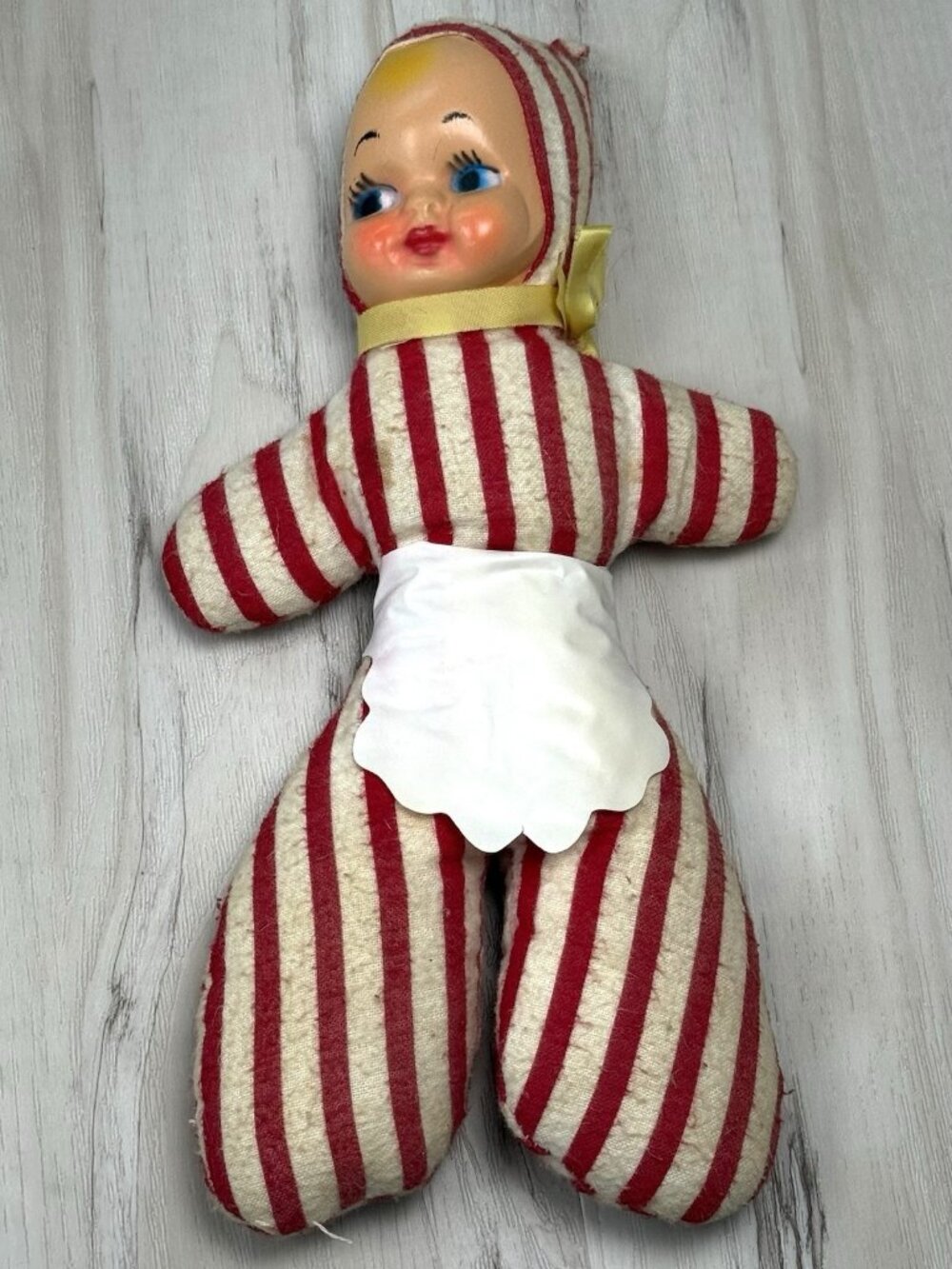 VTG 11" Red/White Stripe Plush Stuffed RUBBER FACE DOLL Plastic Apron Carnival